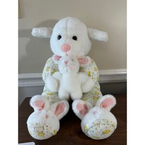Vintage Plush Creations Lamb in Pajamas with Bunny Slippers and Small Bunny 17"